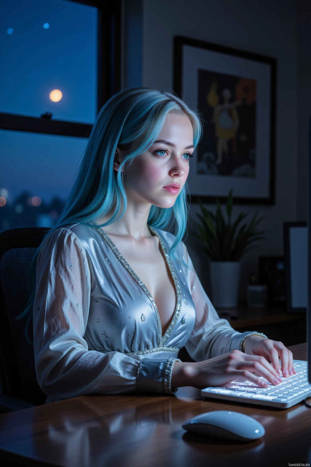 A woman with blue hair is sitting at a desk, typing on a keyboard in a dimly lit room.