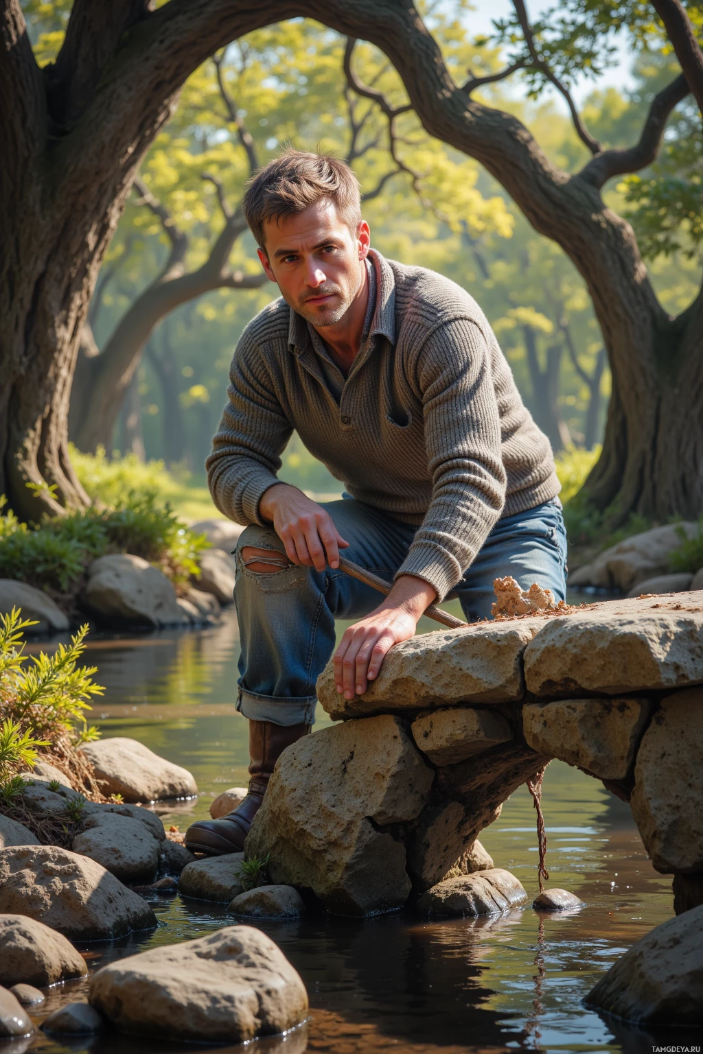 Realistic high quality photo. A 50‑year‑old weathered man with short salt‑and‑pepper hair and warm brown eyes, wearing a simple cozy sweater and well‑worn jeans, stands beside a river carving through stone in an ancient oak grove under late‑afternoon sunlight, gently guiding a young apprentice through the trees while the sun dapples the bark, embodying calm wisdom and protective steadiness.