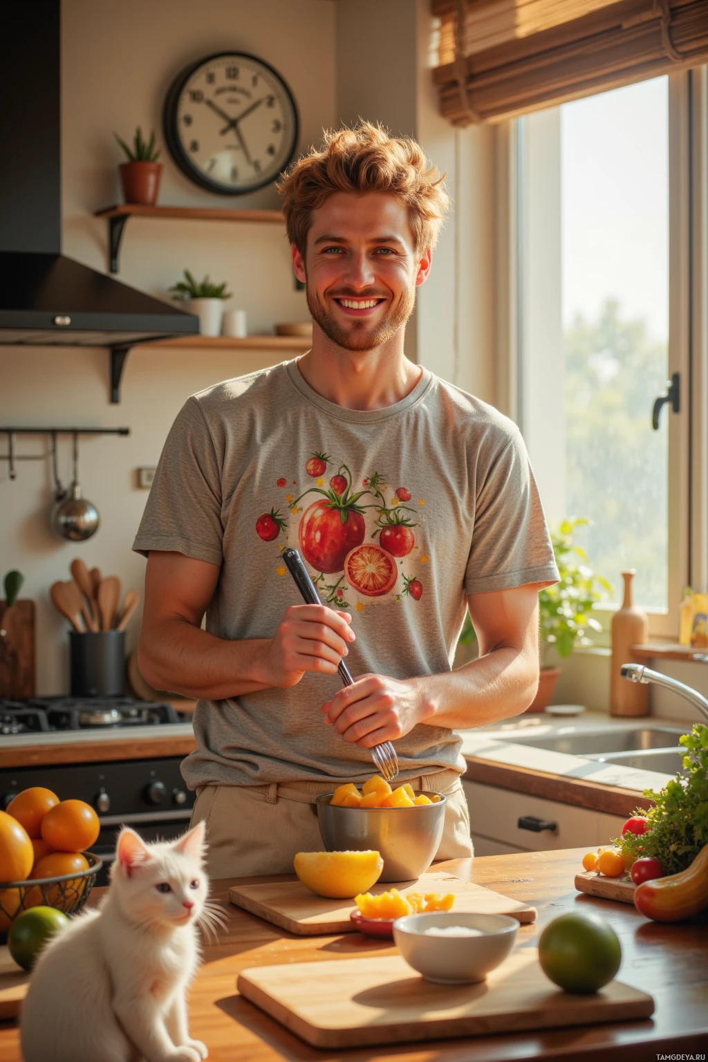 Realistic high quality photo. Man, 22, with tousled light red hair and blue eyes, wearing a loose tomato‑patterned t‑shirt and soft beige linen pants, laughing while stirring mango, lime, and salt in a sunny kitchen pantry with a cat perched on the counter, modern kitchen appliances and a wall clock ticking in the background, midday light.