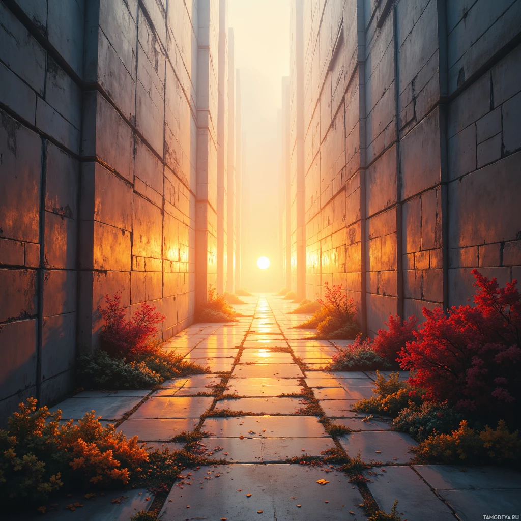 A narrow alleyway lined with stone walls and vibrant autumn foliage bathed in golden sunlight.