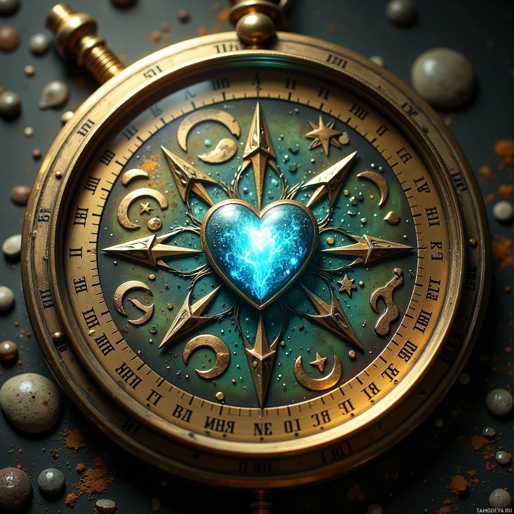 A detailed, ornate compass with celestial symbols and a glowing heart at its center.