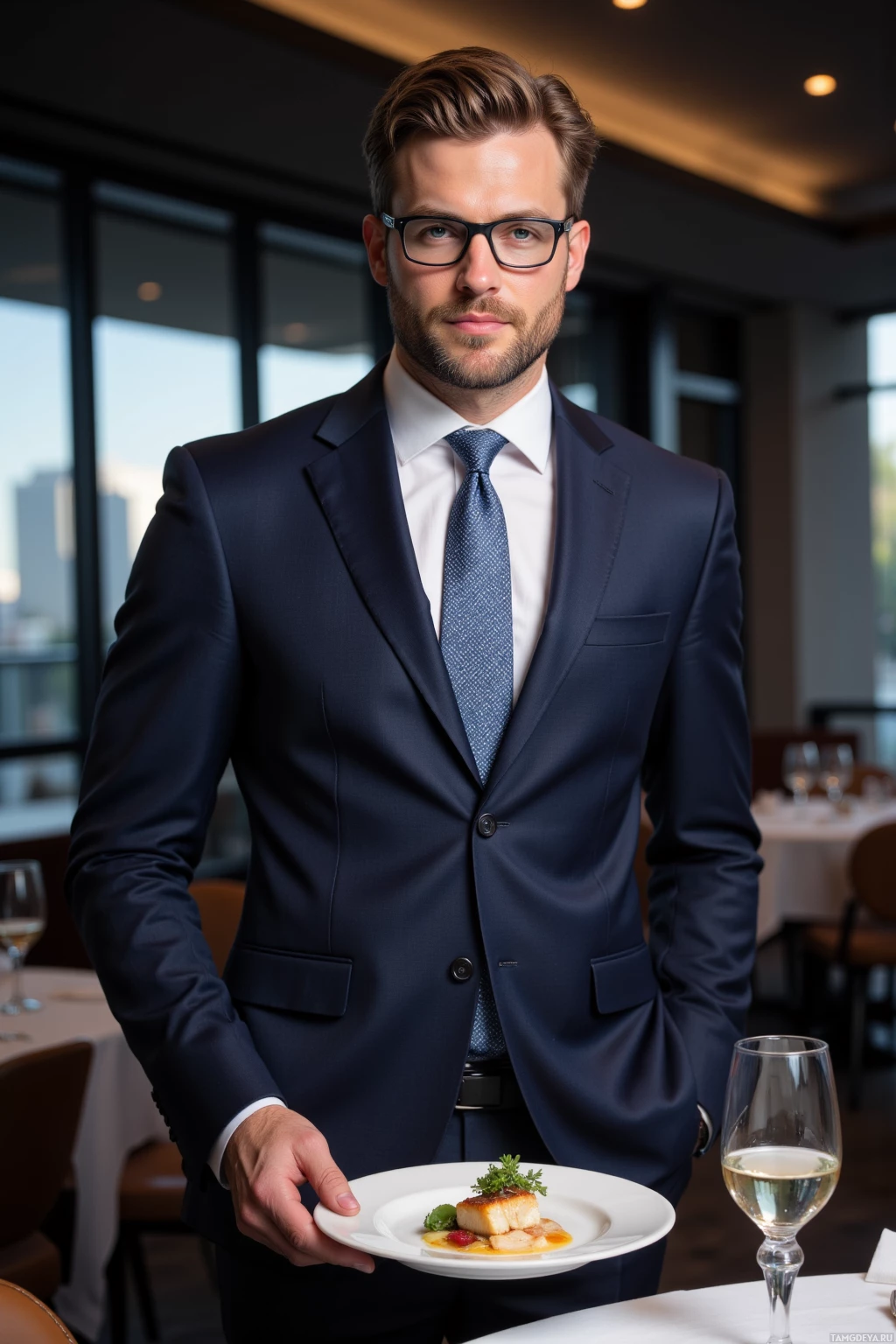 A man in a suit holds a plate of food in a restaurant setting.