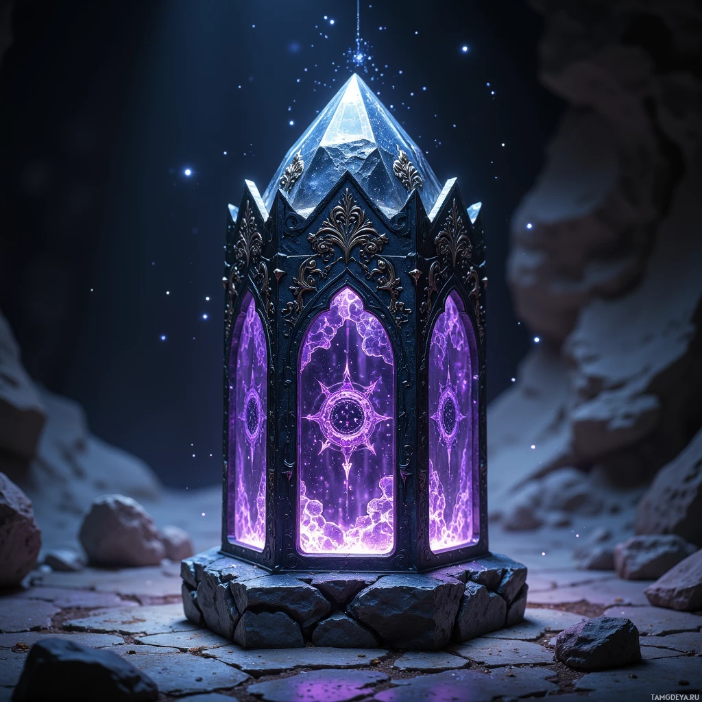 A glowing, ornate lantern with purple and blue light sits on a stone surface against a dark, starry background.