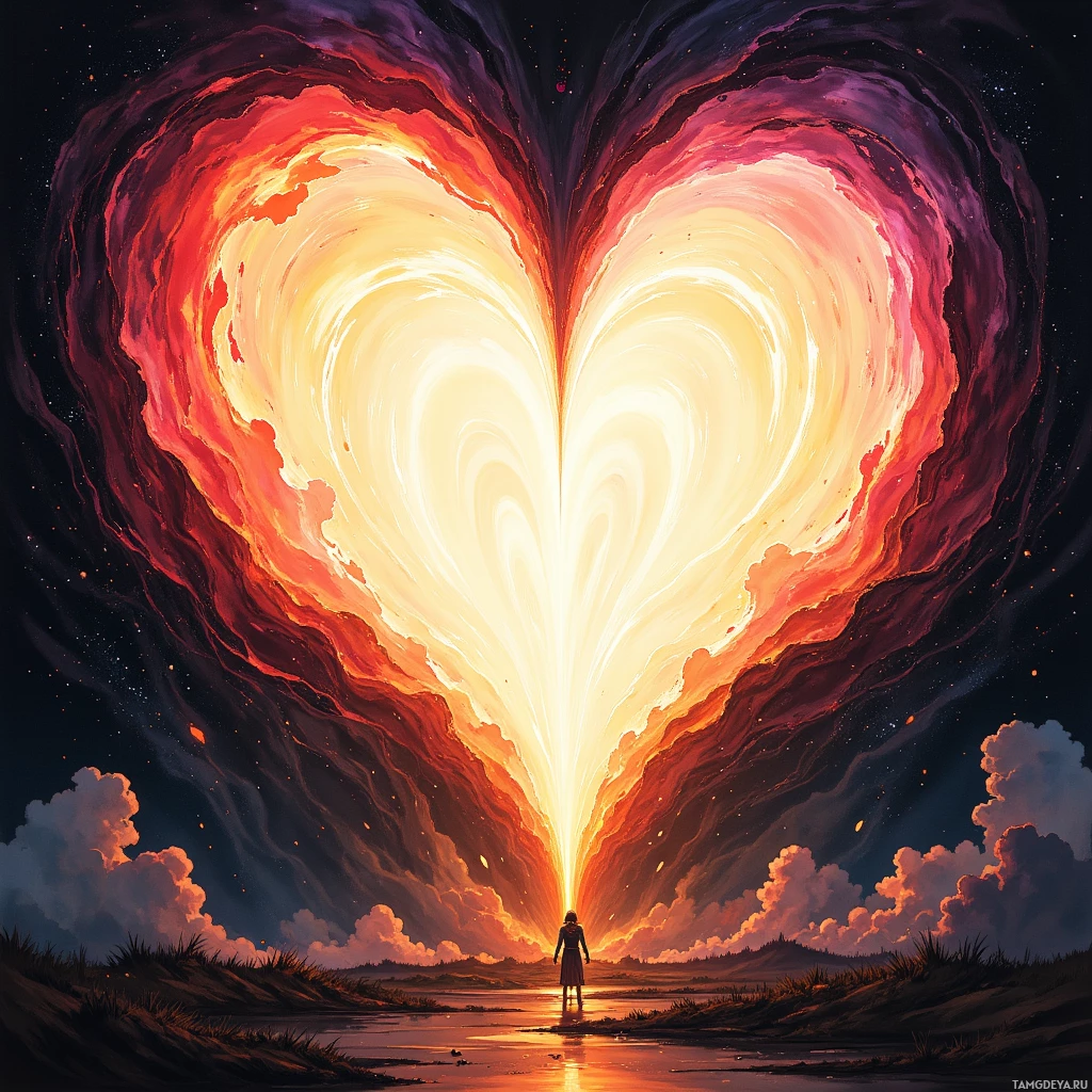 Человек стоит на берегу водоёма, глядя на светящийся в небе сердечком портал.
