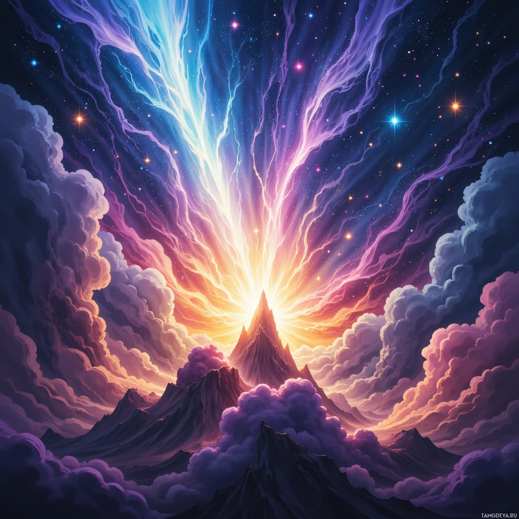 Яркая, космическая сцена с горным пейзажем, сияющими лучами света и звездным небом.