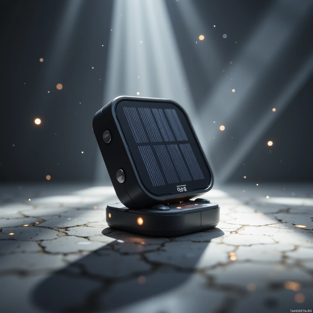 Semi-abstract image with many light, that is suitable for the post:  Pocket‑sized solar‑powered weather station with a sleek black casing, tiny OLED display, integrated sensor array, and a small matte solar panel, all crafted from durable plastic and metal with subtle silver LED accents.