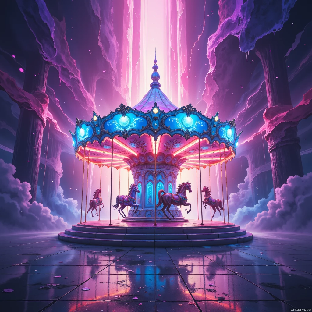 Semi-abstract image with many empty light space at center of beautiful background, that is suitable for the post:  My goals spin like a neon carousel, and doubt's shadow keeps dancing just behind each step.