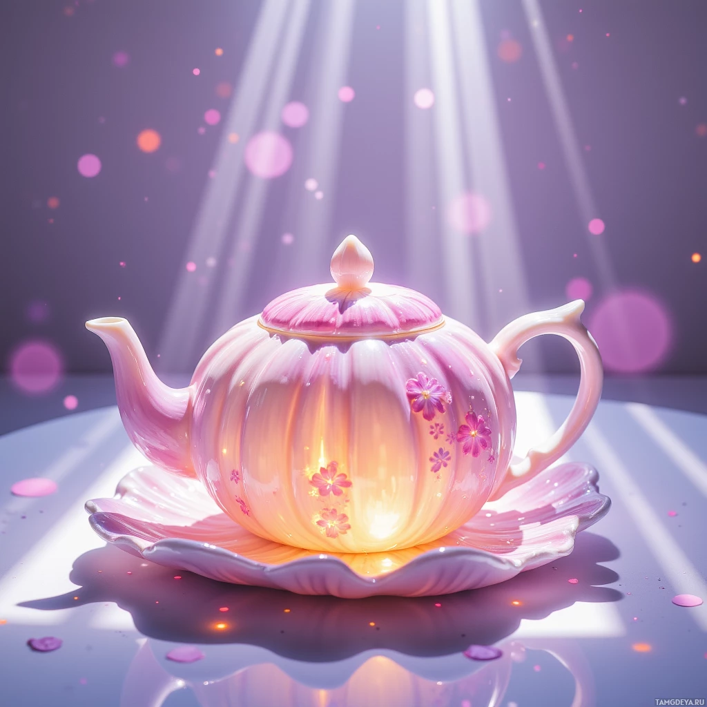 Semi-abstract image with many light, that is suitable for the post:  Hand‑painted translucent ceramic tea set shaped like sea shells, pastel hues that softly glow, color shifting from blush pink to lavender with temperature, each cup emitting a faint floral scent, lightweight and elegant with a tiny hidden compartment in the lid.
