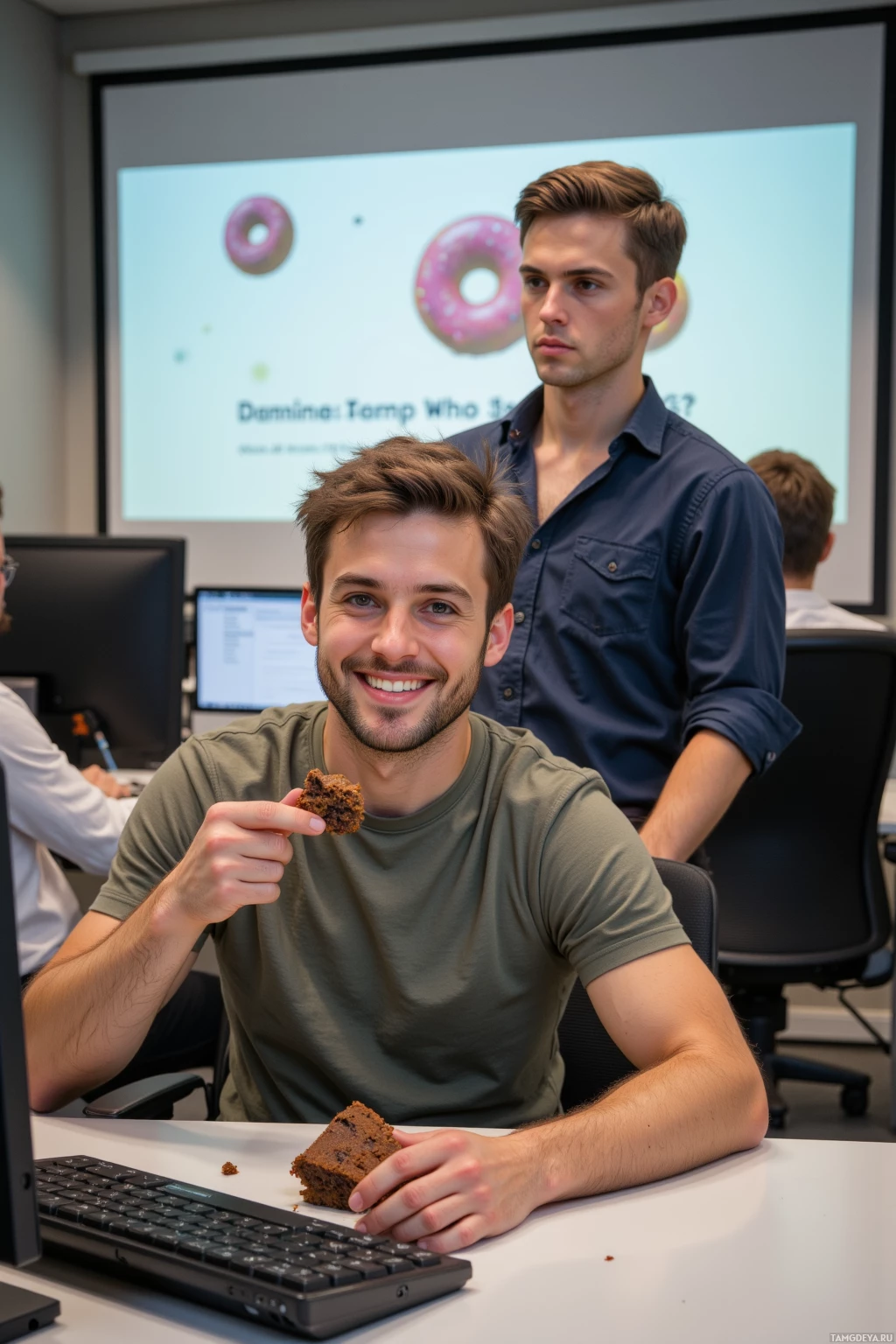 В офисе двое: один ест кусок торта, а второй стоит позади.
