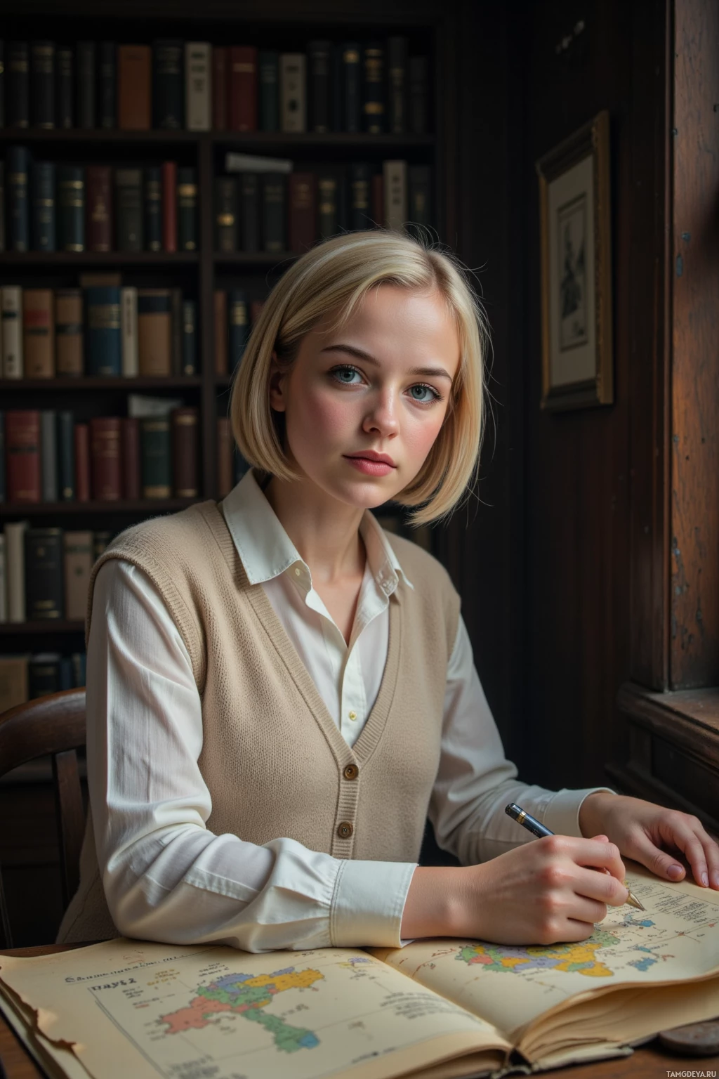 Человек сидит за столом в библиотеке и пишет в блокноте ручкой.