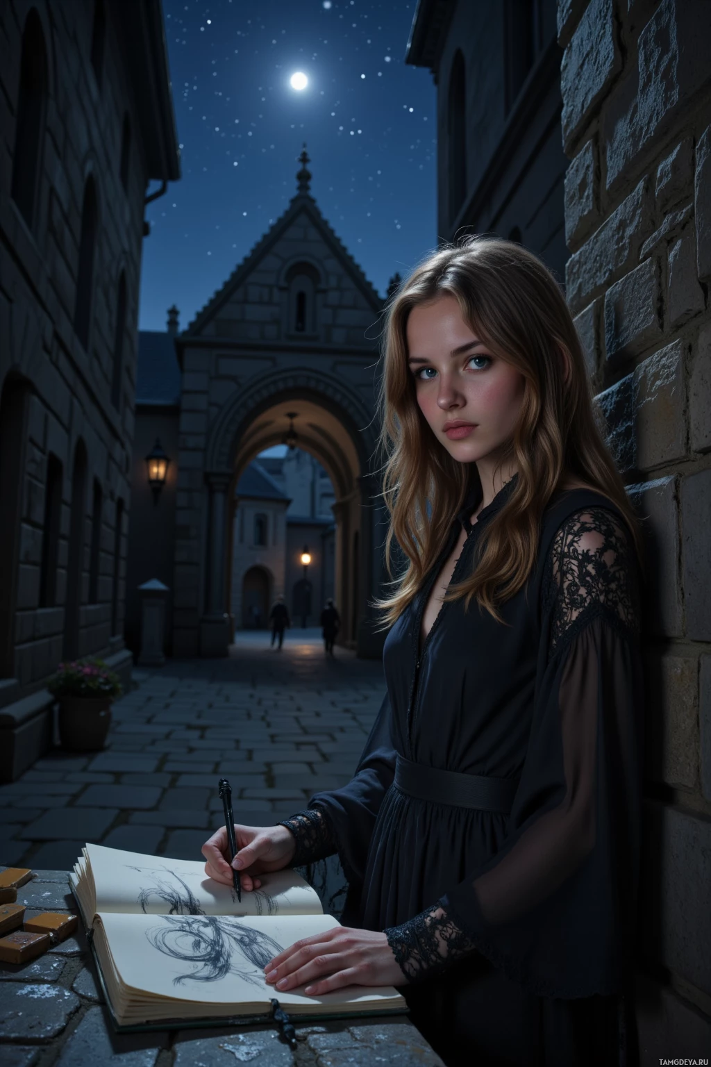 Женщина опирается о каменную стену, делая наброски в блокноте под звездным небом.