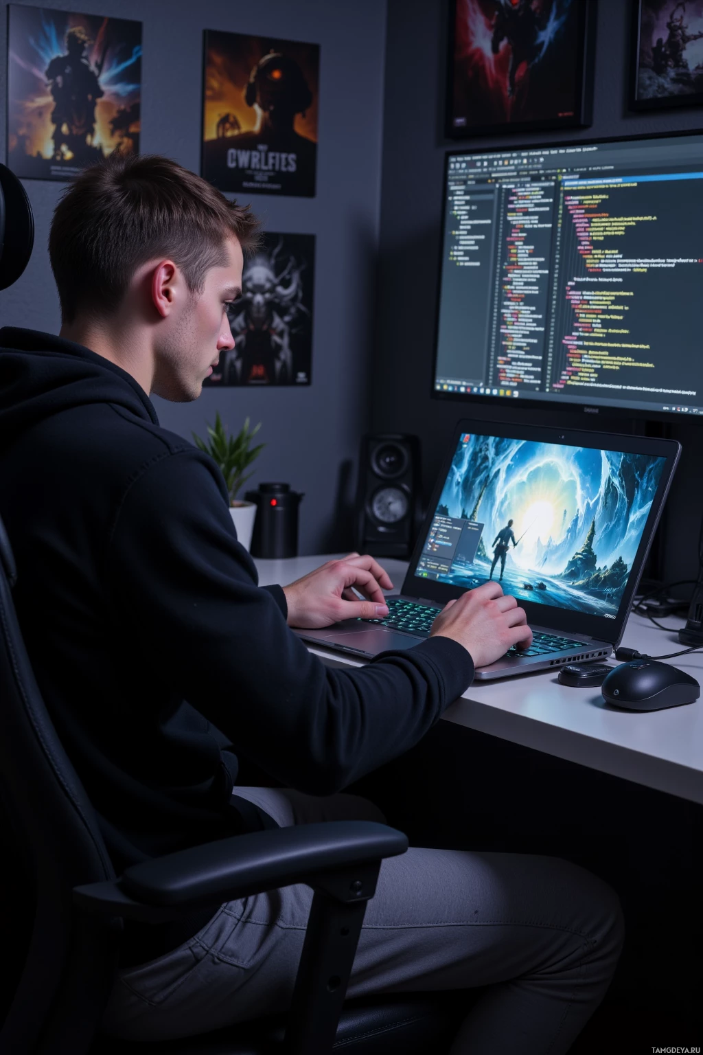 Человек сидит за столом и работает на ноутбуке, на экране которого открыт редактор кода.