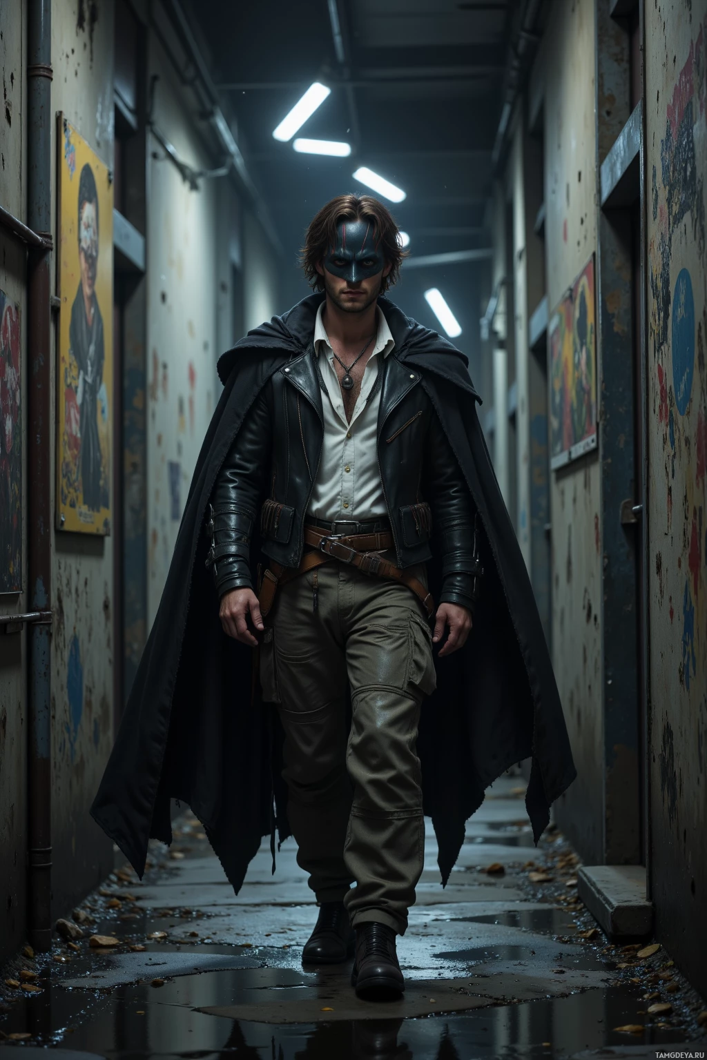 Мужчина в темном плаще и с сумкой на поясе идет по тускло освещенному, узкому переулку.