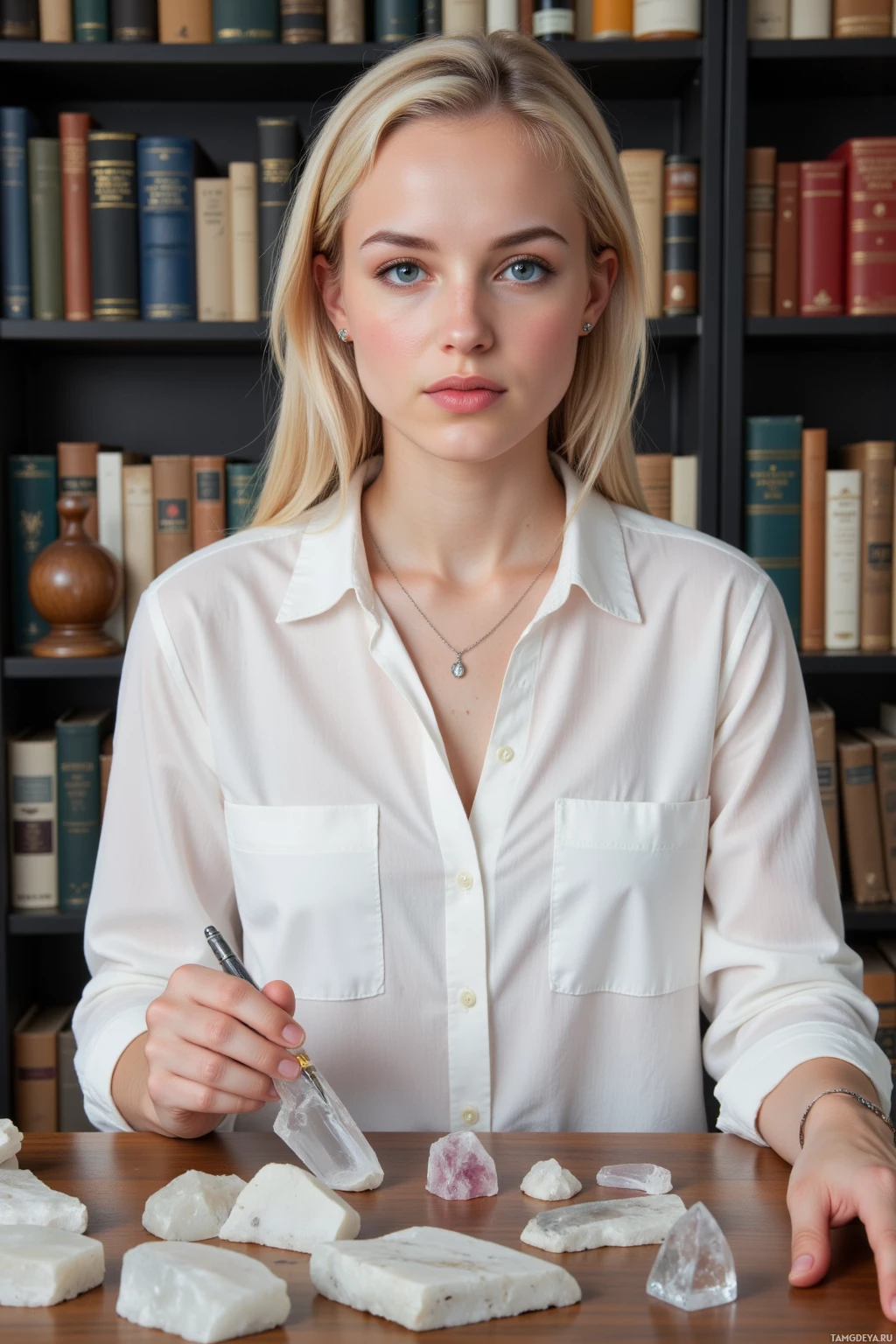 Человек в белой рубашке сидит за столом, на котором разложены различные камни и минералы.