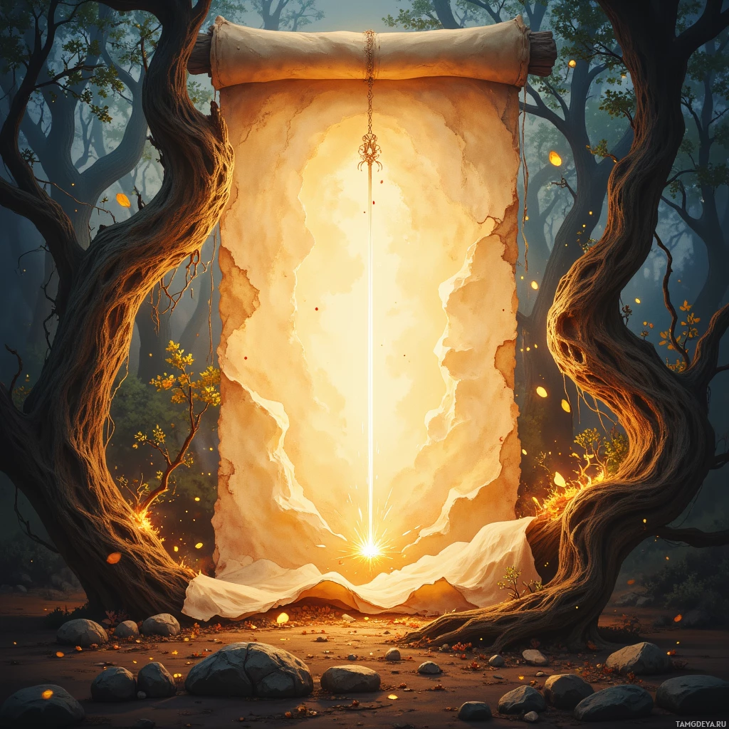 Из дерева в таинственном лесу появляется светящийся свиток.