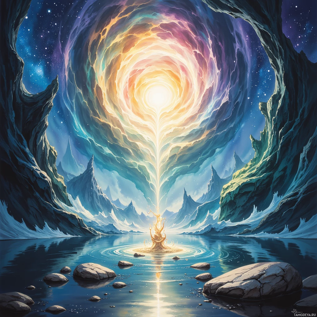 Яркая космическая сцена с сияющим порталом, окружённым скалистыми обрывами и отражающим водным зеркалом.