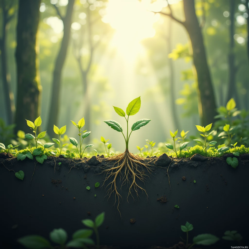 Крупный план лесного пола, покрытого мхом и усыпанного молодыми ростками, залитого солнечным светом, пробивающимся сквозь деревья.