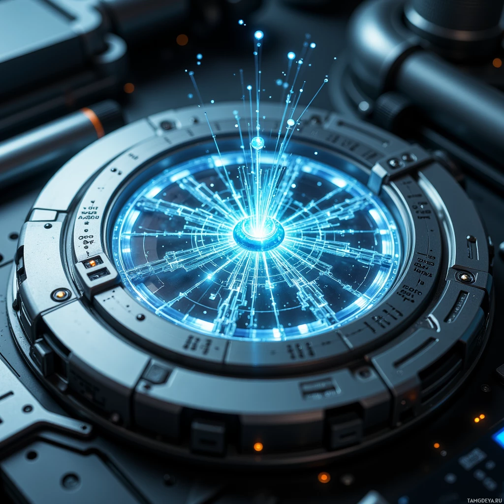 Футуристическое круглое устройство со светящимся синим светом и сложной конструкцией.