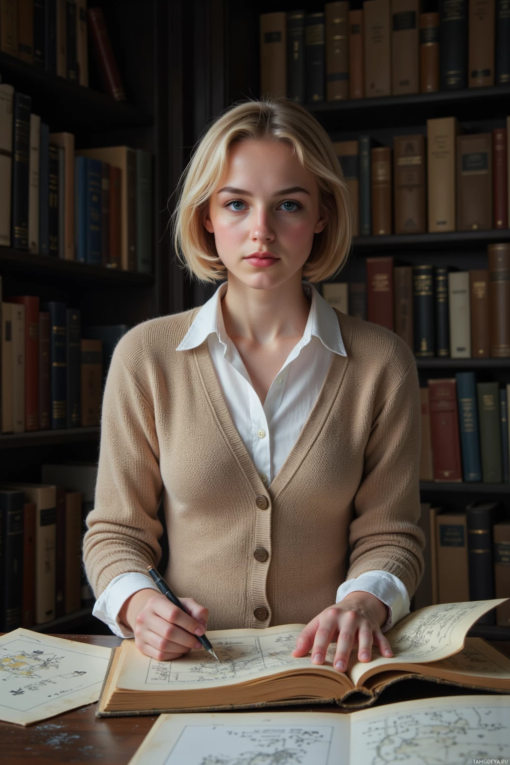 Realistic high quality photo. A 31‑year‑old woman with a blonde bob, blue eyes, pale skin, wearing a soft beige sweater over a crisp white blouse, carefully examines a tattered ledger and weathered map in the dim, dust‑filled corner of an old library, sketching hidden patterns while the quiet ventilation hum surrounds her.