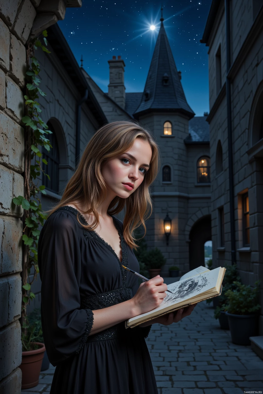 Realistic high quality photo. Female, 30, wavy light brown hair, piercing blue eyes, wearing a long flowing black dress with intricate lace, stands in a dim stone alley at midnight, sketching charcoal lines that bleed onto a notebook as ink drips into the darkness while a single stubborn star pierces the night sky above.