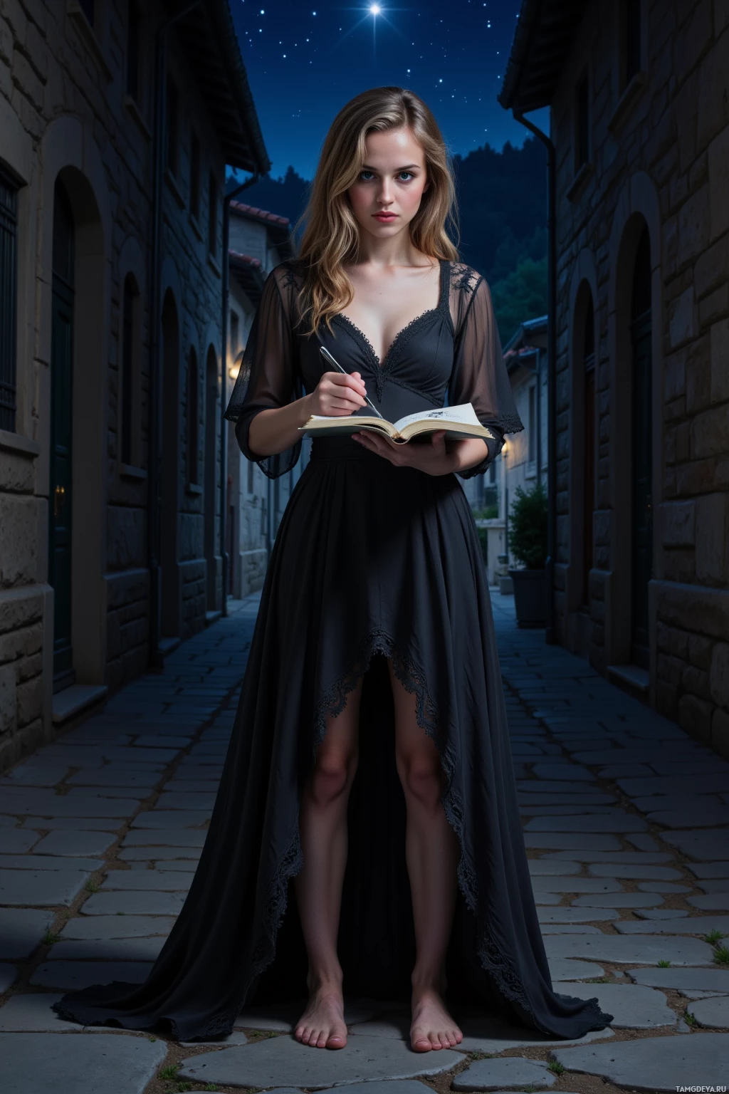 Realistic high quality photo. Female, 30, wavy light brown hair, piercing blue eyes, wearing a long flowing black dress with intricate lace, stands in a dim stone alley at midnight, sketching charcoal lines that bleed onto a notebook as ink drips into the darkness while a single stubborn star pierces the night sky above.