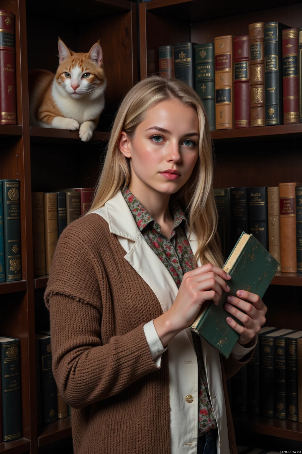 Realistic high quality photo. Woman, 31, long blonde hair, blue eyes, wearing a cozy knitted sweater over a white shirt and a loosely wrapped scarf, standing in a dimly lit study with shelves of books, a cat perched on a shelf rearranging volumes, she holds a dusty index book and a key to a small safe on the third shelf, modern realism.