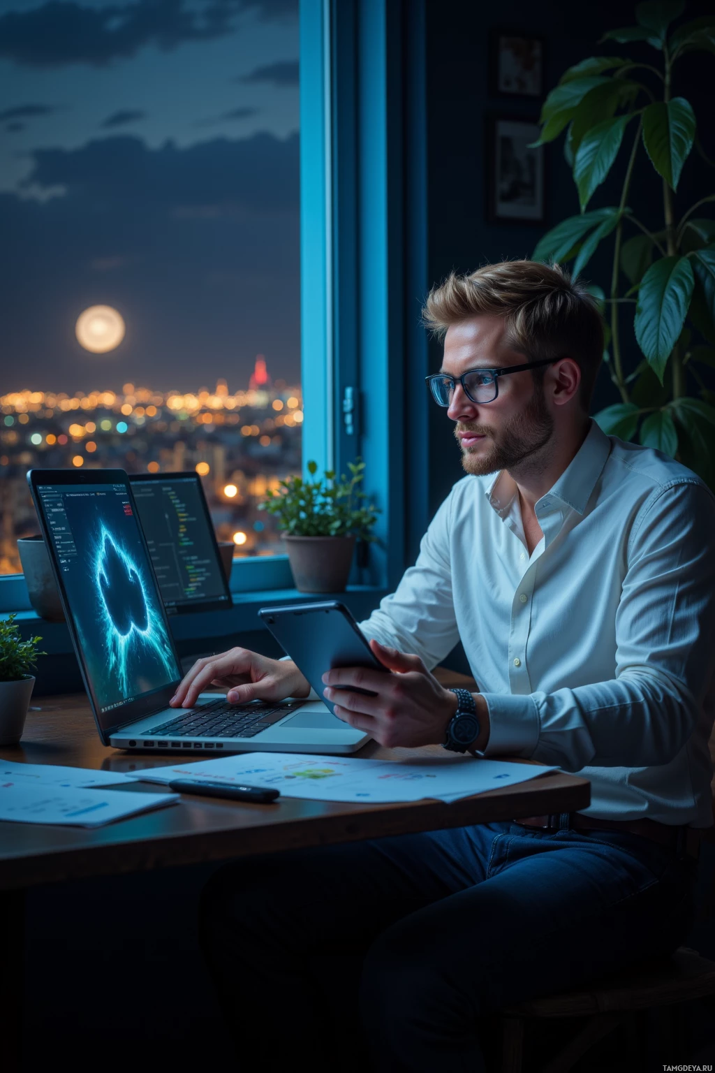 Realistic high quality photo. A 28‑year‑old man with short blonde hair, piercing blue eyes, glasses, wearing a white shirt and dark jeans, sits at a dimly lit home office desk late at night, eyes focused on a laptop screen showing a paused cat paw, a tablet in hand, window revealing softly glowing city lights that resemble distant dragons, surrounded by open code and data spreadsheets, calm and contemplative.
