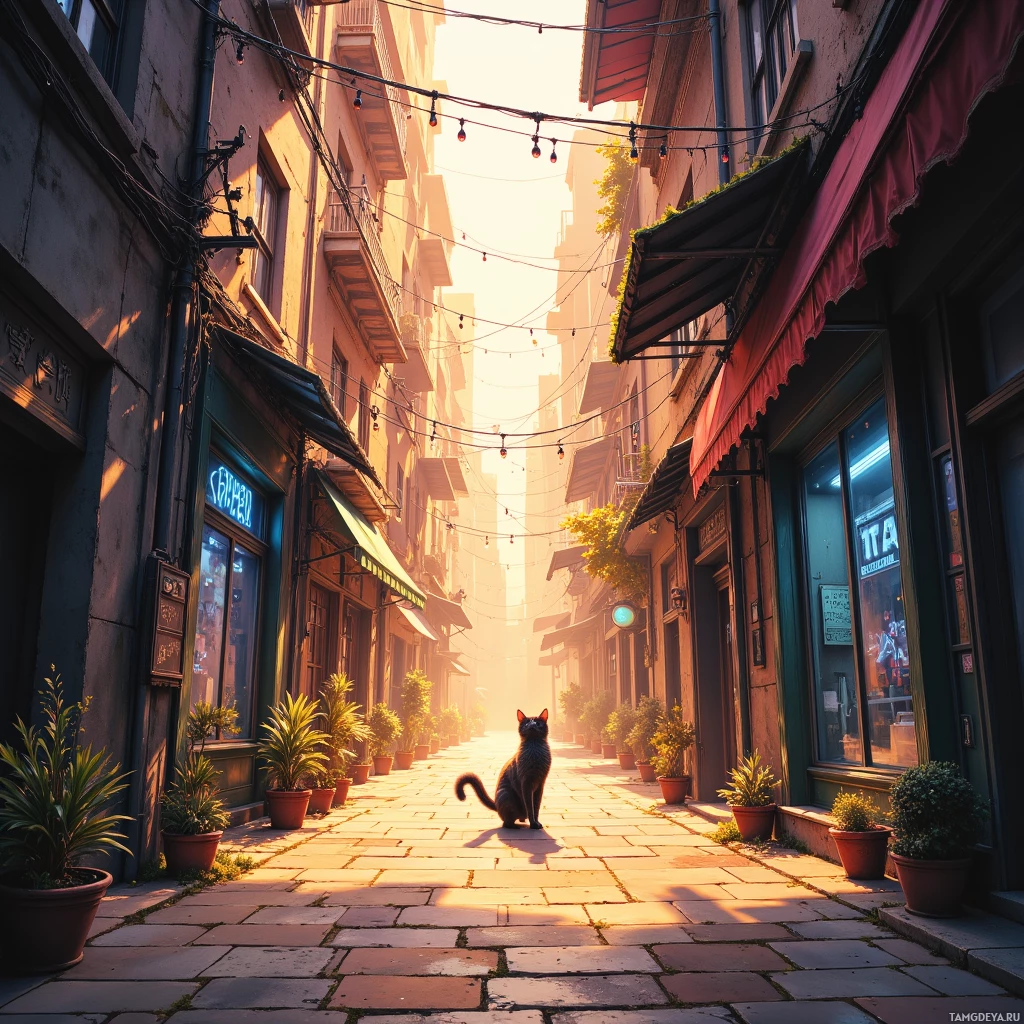 Semi-abstract image with many empty light space at center of beautiful background, that is suitable for the post:  The city is a cat—silently pouncing through alleyways, always finding the warmest spot.