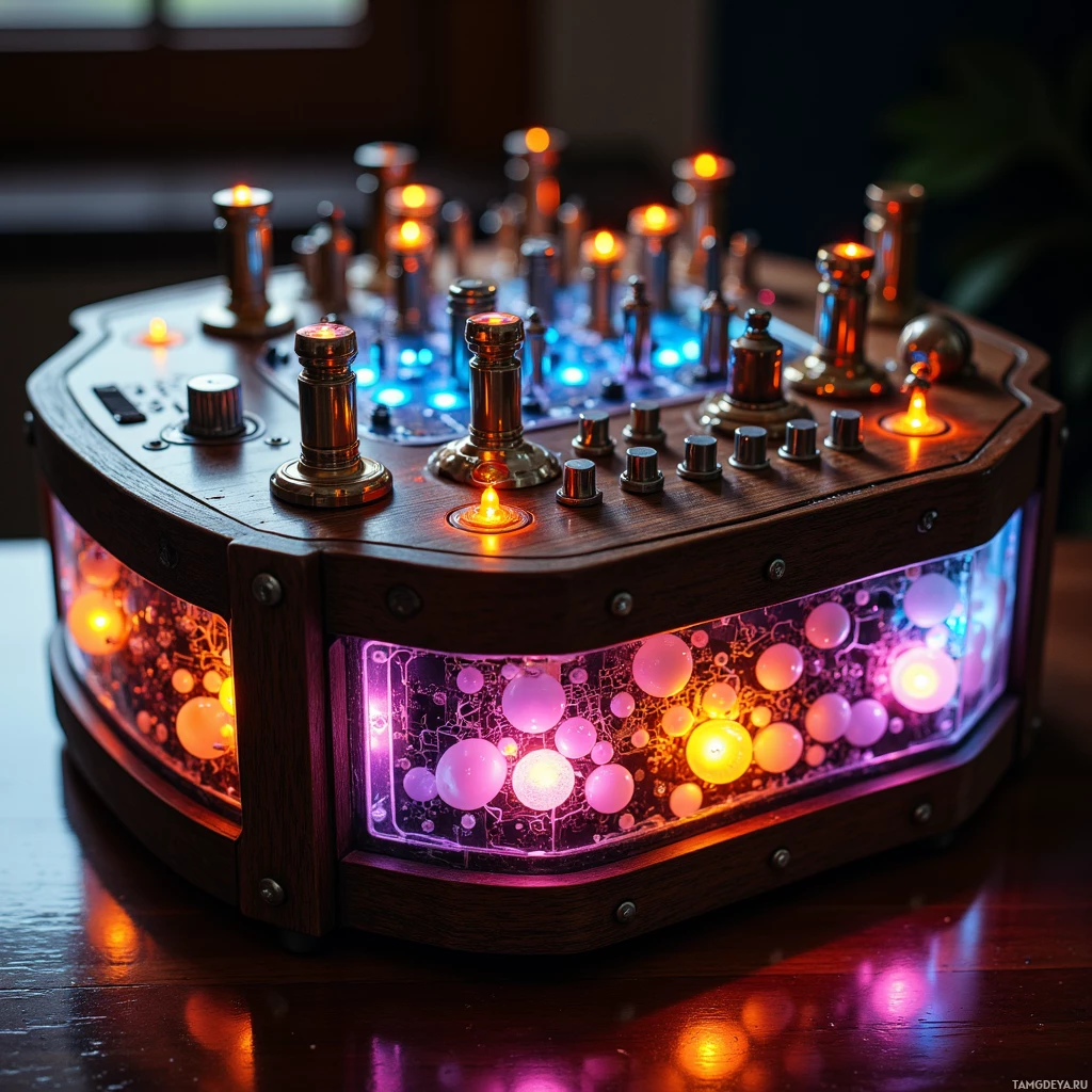 Semi-abstract image with many light, that is suitable for the post:  A dark oak drum-shaped synthesizer with brass knobs gleaming like constellations, a built-in LED grid pulsing with vivid color, and translucent panels revealing analog delay circuitry, combining rich wood texture with metallic accents.