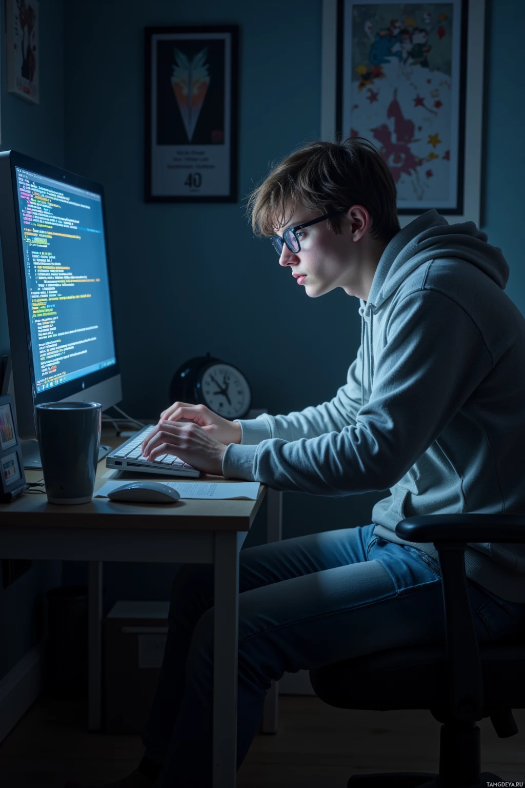 Человек в очках работает за компьютером в полумраке.