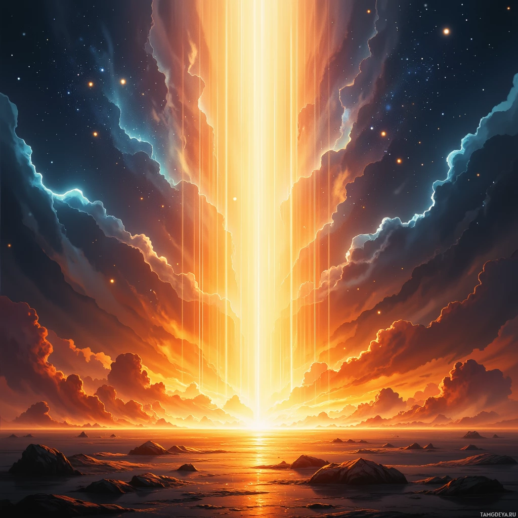 Яркий закат с лучами света, пробивающимися сквозь эффектные облака над спокойным пейзажем.