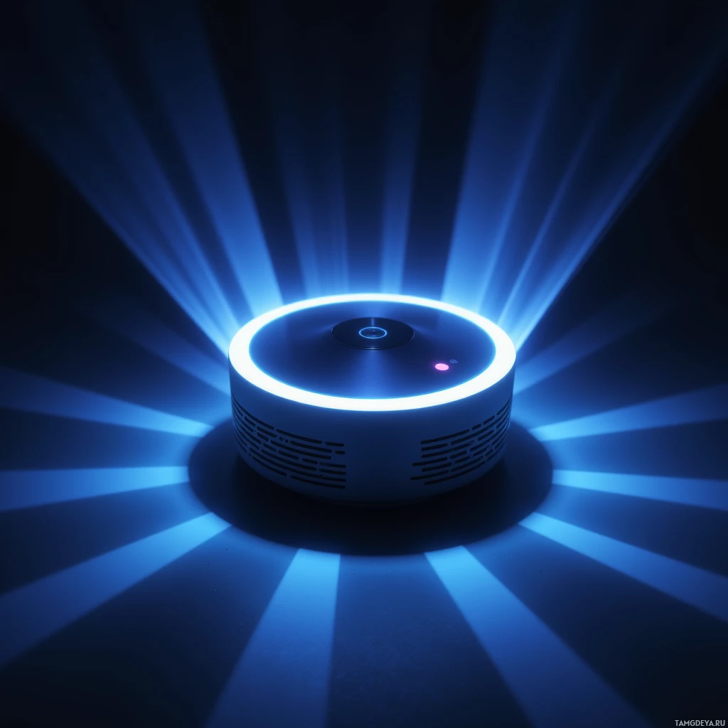 Синий светящийся источник света с расходящимися лучами на темном фоне.