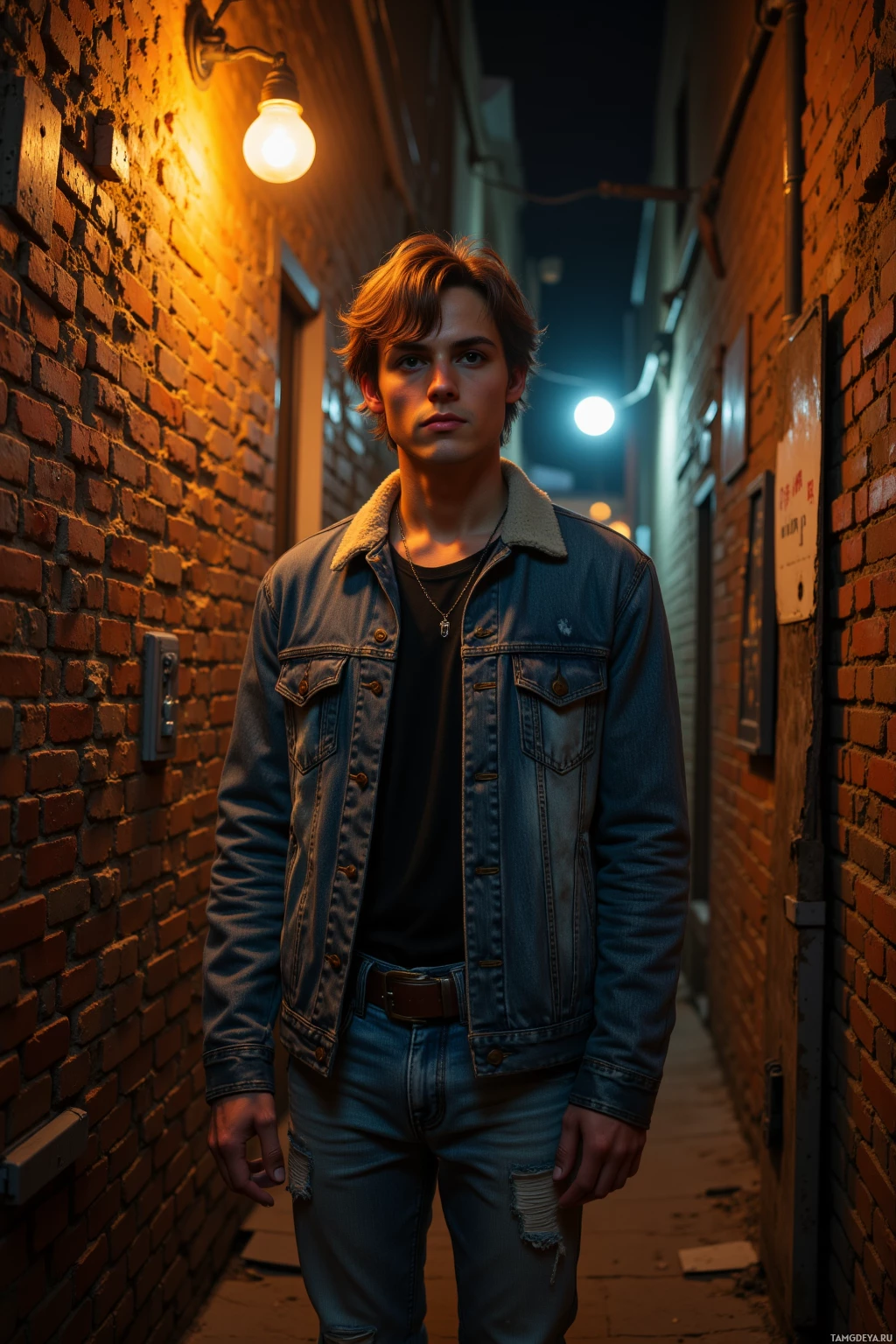 Realistic high quality photo. A 21‑year‑old man with messy light brown hair and piercing blue eyes, wearing torn jeans and a well‑worn denim jacket, stands in a narrow brick alley at night, illuminated by a single yellow bulb, listening to a vinyl record on a turntable as crackling sound waves ripple across the wall.