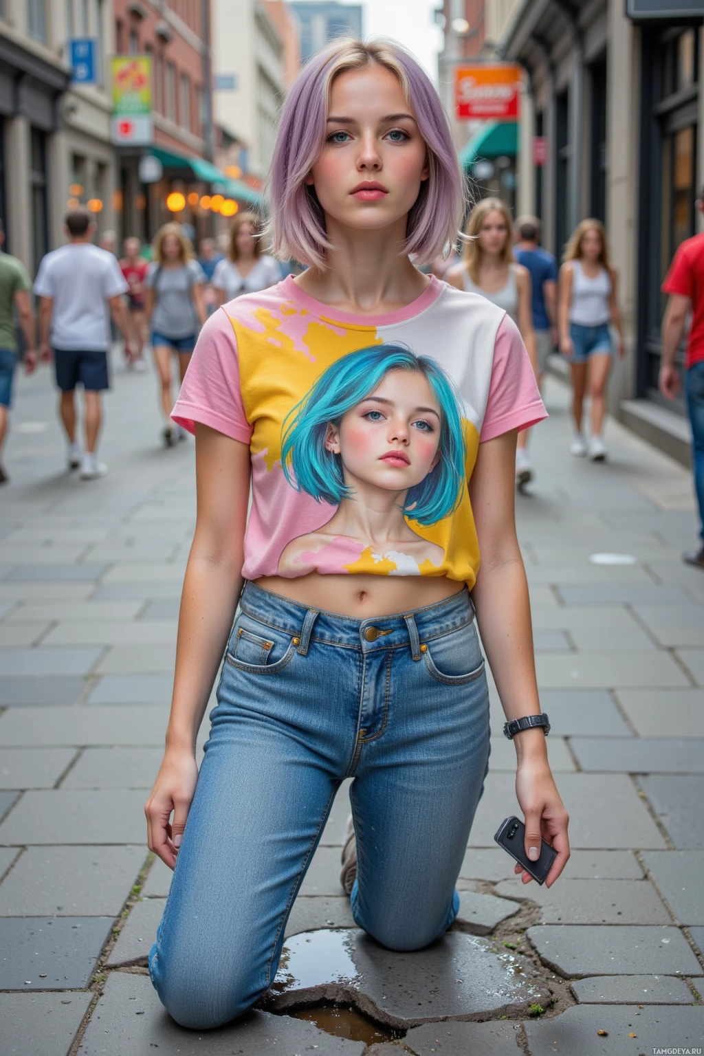 На мощёной улице на коленях сидит человек в красочной футболке и джинсах.