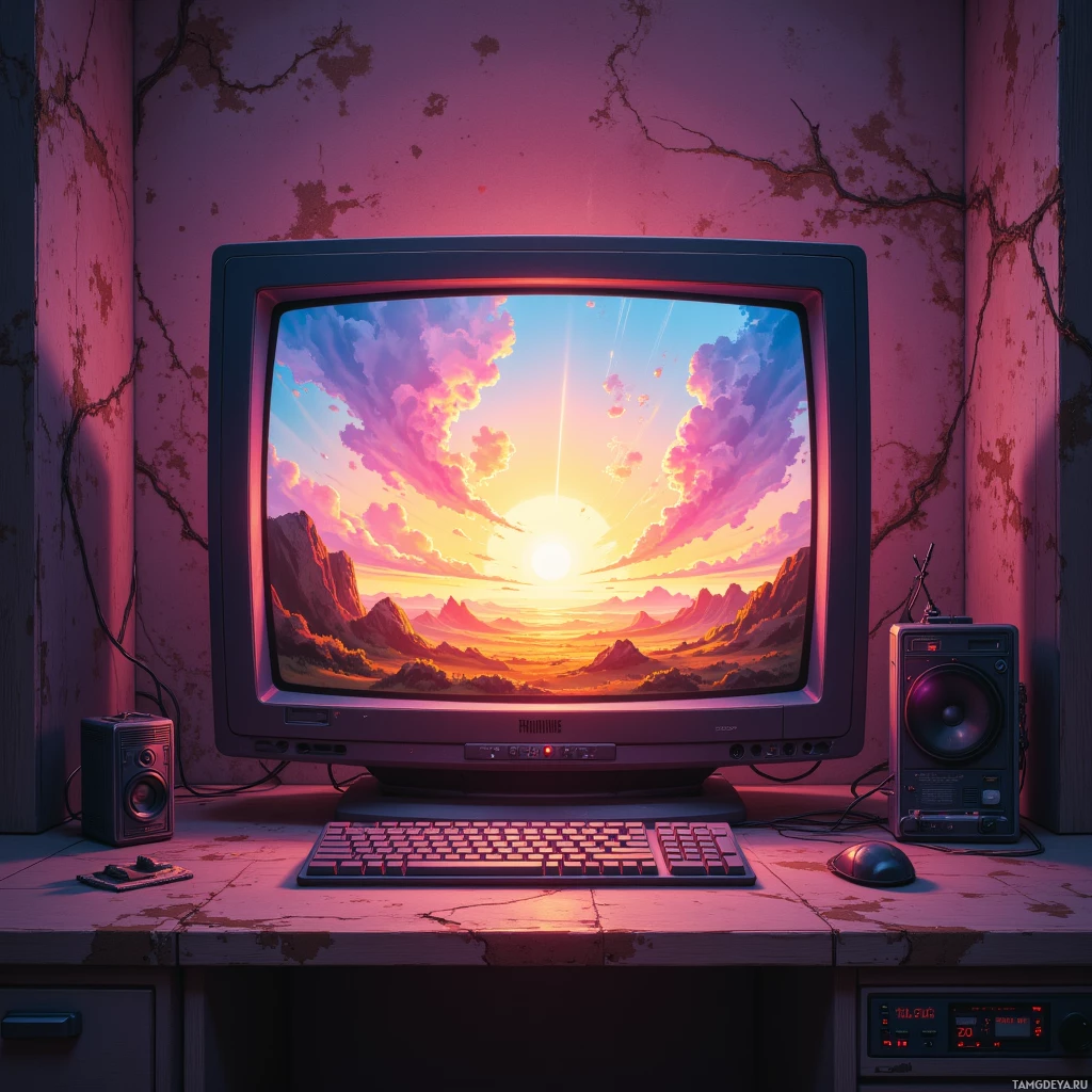 Ретро-компьютерная система с ярким закатом на экране монитора.