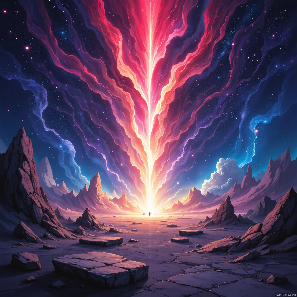 Сюрреалистичный пейзаж, где сияющий луч света ниспадает с неба, окруженный звездным ночным небом и скалистыми, зубчатыми скалами.