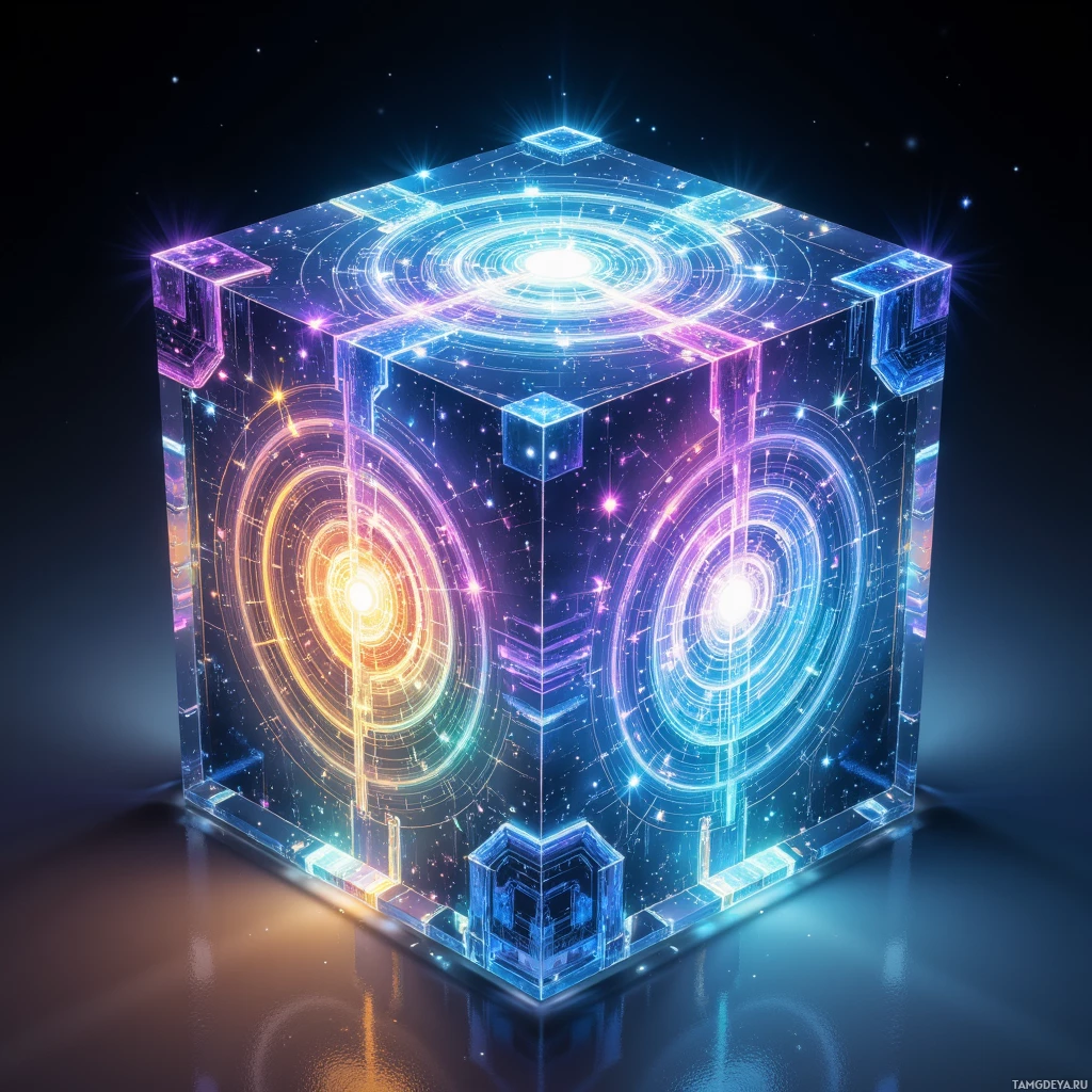 Светящийся, футуристичный куб с замысловатыми узорами и яркими цветами.