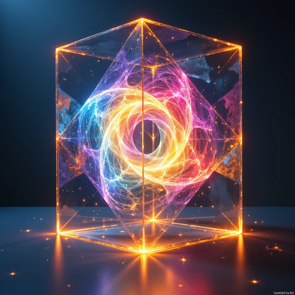 Светящаяся, многоцветная геометрическая структура с замысловатыми узорами на фоне космического пространства.