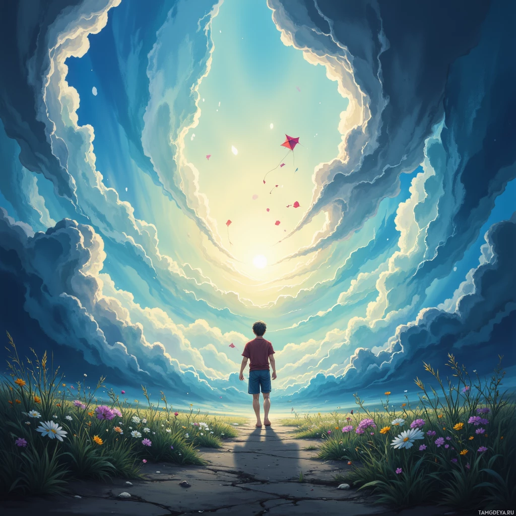 Semi-abstract image with many empty light space at center of beautiful background, that is suitable for the post:  Like a kite caught in a storm's grin, I chase the wild wind, laughing as it pulls me higher.