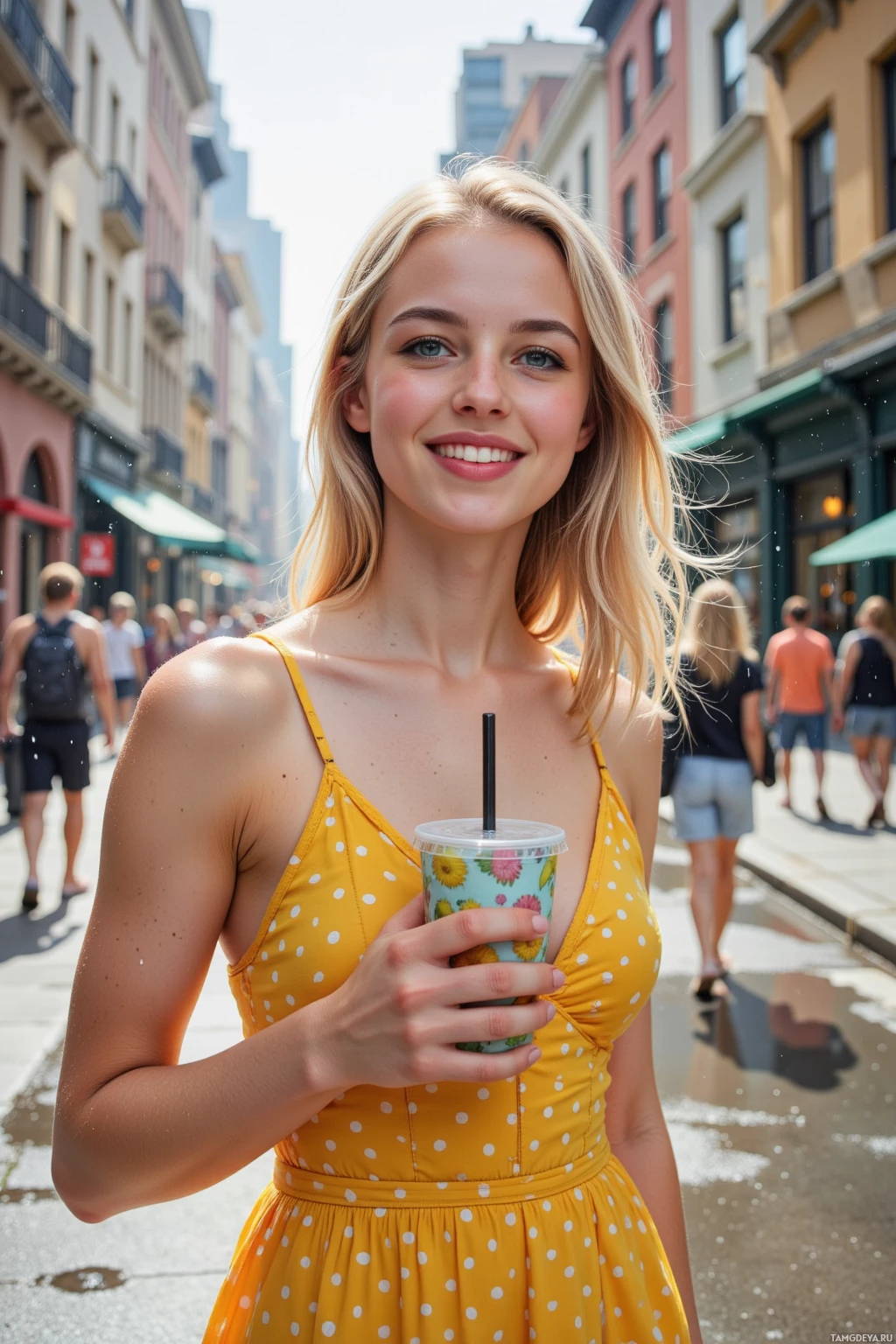 Realistic high quality photo. 21‑year‑old woman with flowing blonde hair and sparkling blue eyes, radiant skin, wearing a cheerful yellow dress with polka dots and holding a fizzy drink, standing on a rain‑soaked city street under bright post‑storm sunlight, smiling, surrounded by laughing pedestrians, with a stack of pastel postcards beside her serving as a bright beacon, modern realism.