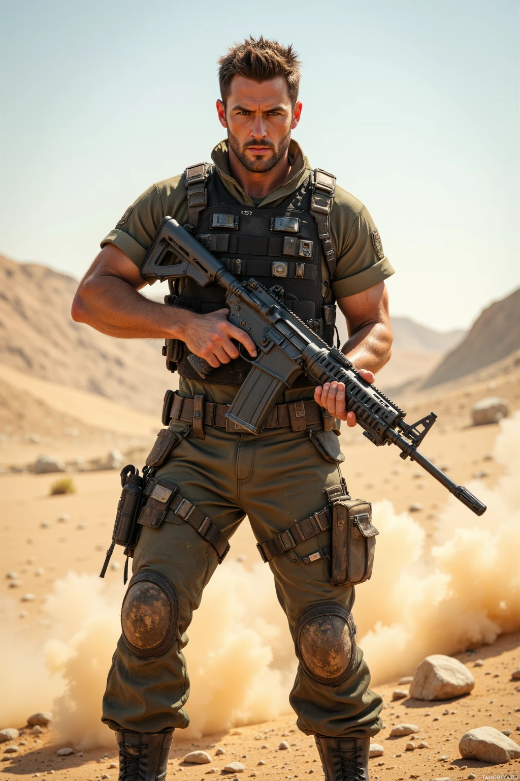 Realistic high quality photo. A 34‑year‑old rugged battle-hardened man with short dark brown hair, piercing blue eyes, weathered pale skin, wearing a black tactical vest, fatigues, scuffed combat boots, leather belt and utility pouches, stands in a sunlit post‑apocalyptic dust field at noon, tightening the bolt on a rifle while bright dust grains swirl around him, focused and determined.