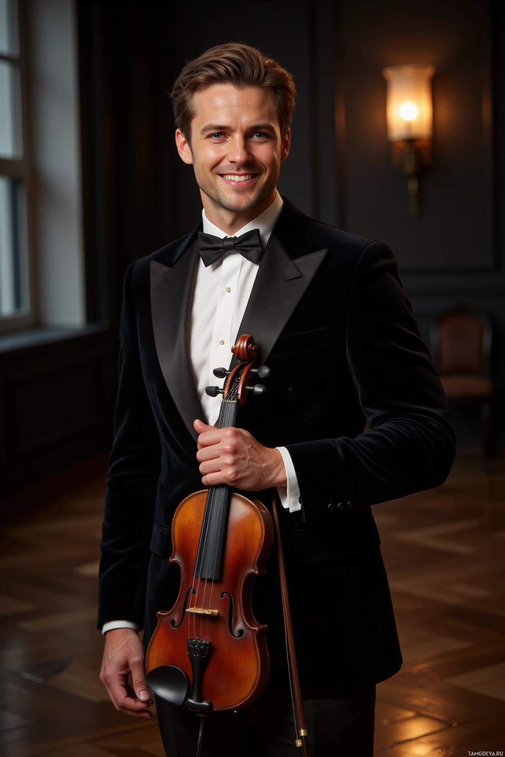 Realistic high quality photo. Man, 35, slicked‑back light brown hair, bright blue eyes, fair skin, wearing a classic black tuxedo, stands in a dimly lit modern studio with a polished wooden floor, holding a violin and bow resting beside it, smiling softly in an intimate evening moment that balances disciplined focus with relaxed spontaneity.