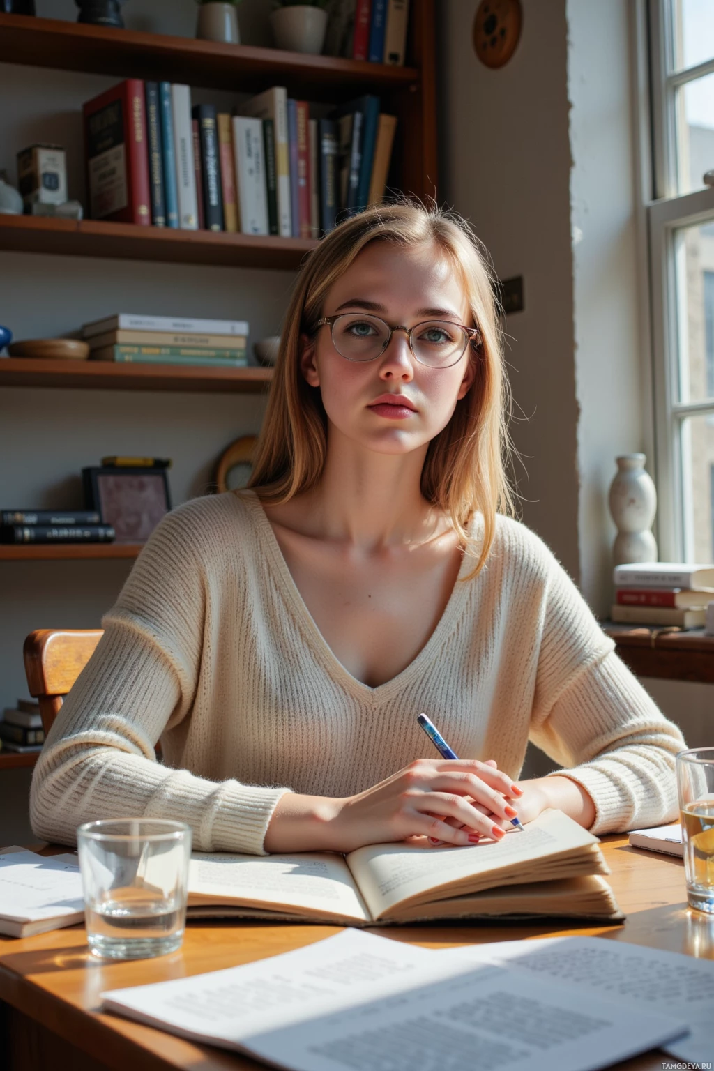 Человек в очках сидит за столом с книгами и бумагами, видимо, занимается учебой или работой.
