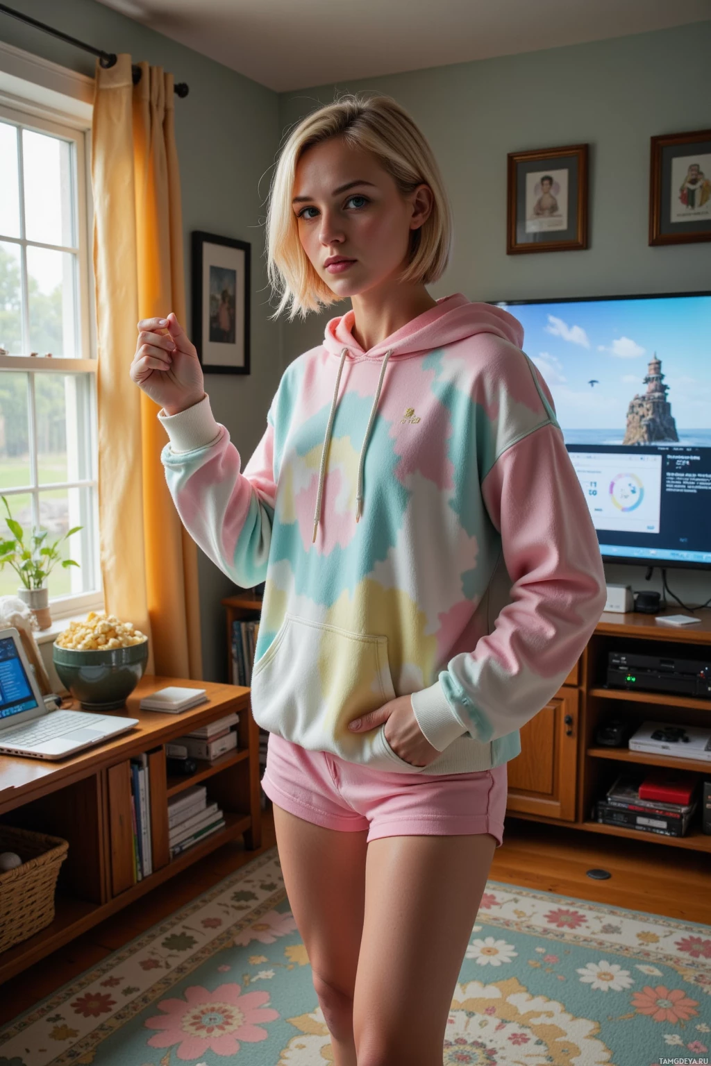 Realistic high quality photo. A 22‑year‑old woman with short blonde hair, blue eyes, pale skin, wearing an oversized pastel hoodie and soft lounge shorts, mid‑dance in her cluttered living room, surrounded by a large monitor streaming an overlay, a tablet showing a spreadsheet tally, a snack station piled with popcorn, and a flickering Wi‑Fi glitch icon on the screen, sunlight filtering through a nearby window.