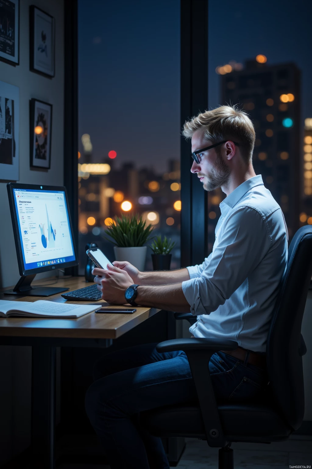 Realistic high quality photo. A 28‑year‑old man with short blonde hair, piercing blue eyes, glasses, wearing a white shirt and dark jeans, sits at a dimly lit home office desk late at night, eyes focused on a laptop screen showing a paused cat paw, a tablet in hand, window revealing softly glowing city lights that resemble distant dragons, surrounded by open code and data spreadsheets, calm and contemplative.