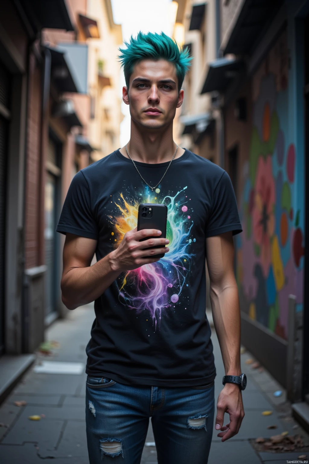 Realistic high quality photo. Tall 24‑year‑old man with turquoise hair, sharp features, fair skin, piercing blue eyes, wearing a graphic tee, ripped jeans, silver chain, minimalist watch, standing in a dim alley with colorful wall art, holding a smartphone in front of him with headphones on, early morning light filtering through.