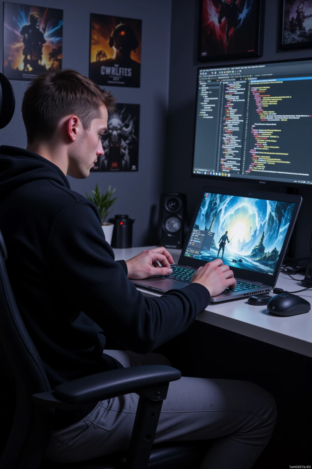 Realistic high quality photo. Man, 24, short brown hair, blue eyes, pale skin, wearing a black hoodie and gray athletic pants, intensely focused on a laptop screen in a dimly lit home office, analyzing a one‑frame glitch in a video game, with a mechanical keyboard, dual monitors showing code and graphics, surrounded by game posters, late evening.