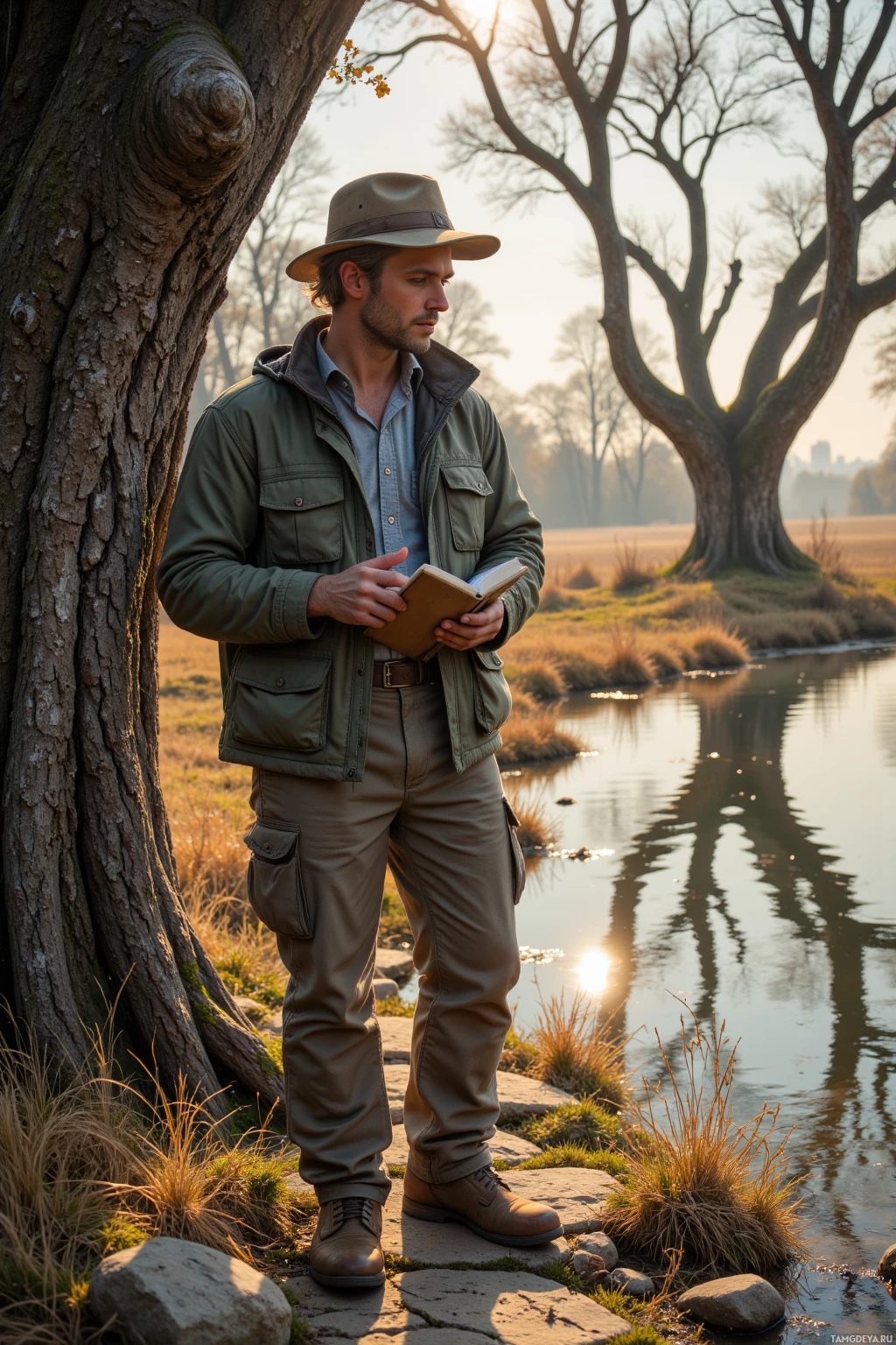 Realistic high quality photo. 32‑year‑old man with short blonde hair, brown eyes, pale skin, wearing a simple outdoor fishing jacket, matching hat, and casual rugged clothes, standing on a worn stone path beside a river under early morning light, gazing at an old oak tree, tracing stone grooves with his fingers while holding a worn notebook, calm and reflective.