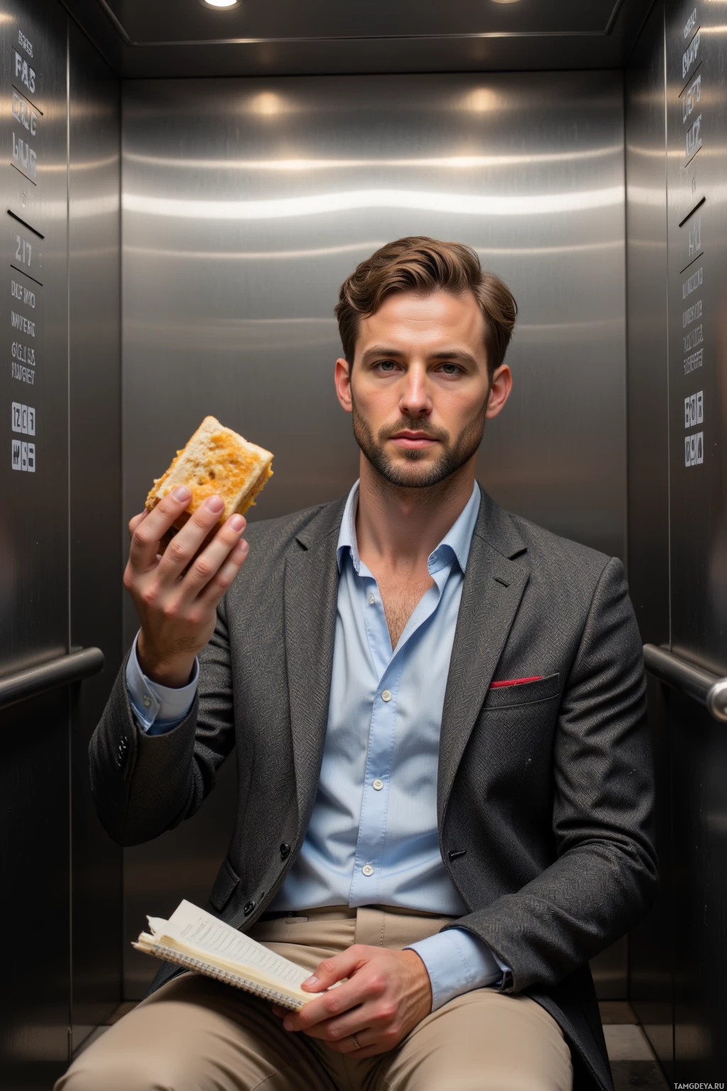 Realistic high quality photo. Male, 34, neatly part light brown hair, green eyes, wearing a fitted grey blazer, pale blue shirt, beige trousers, sits in a sleek modern elevator cabin at the 5th floor, holding a sandwich and a notebook, studying crust symmetry against illuminated floor numbers with a focused expression and polished metal panels in the background.