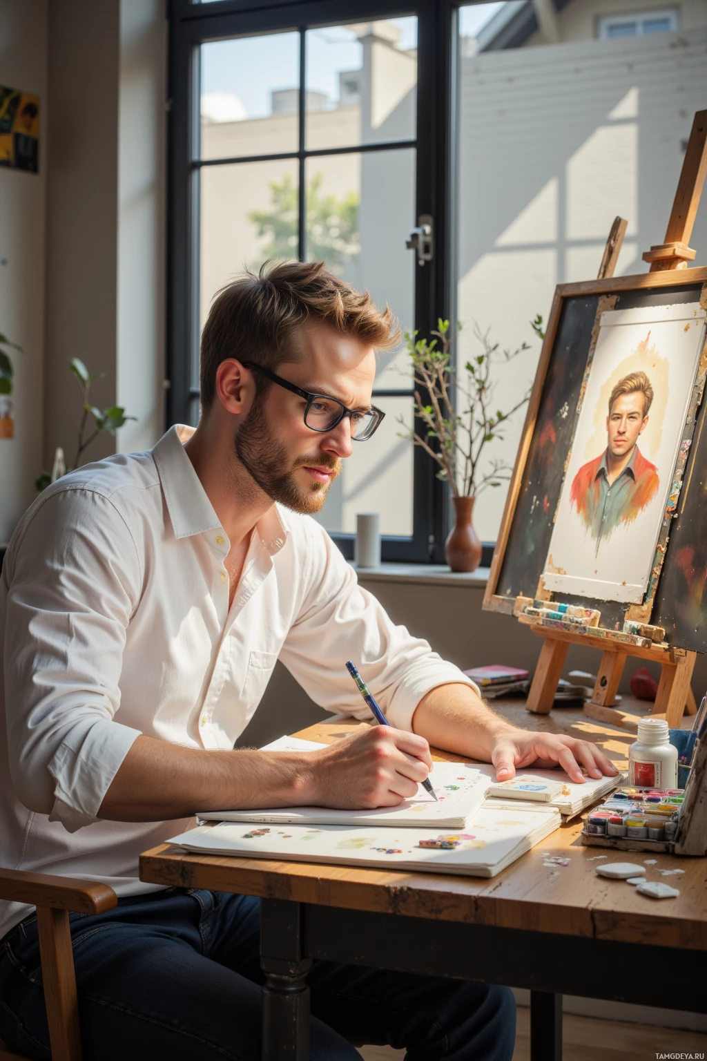 Realistic high quality photo. A 33‑year‑old man with short light brown hair, blue eyes, wearing a crisp white shirt with rolled‑up sleeves and black‑rimmed glasses, sits at a wooden desk in a modern studio where blinds cast a lattice of afternoon light over a contemporary portrait on an easel, carefully cataloguing tonal shifts in a notebook surrounded by paint tubes and an unfinished canvas.